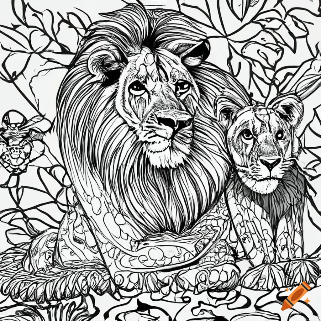 Coloring page of lion family resting in the jungle on