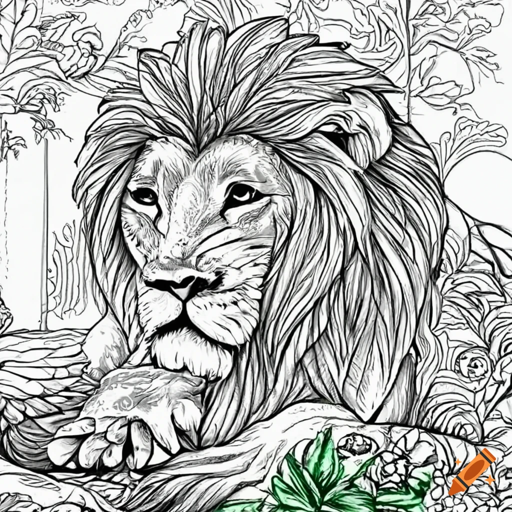 Coloring page of lion family resting in the jungle on