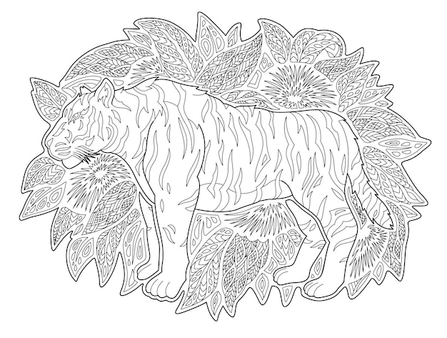 Premium vector beautiful monochrome linear jungle vector illustration for adult coloring book page with cartoon tiger silhouette