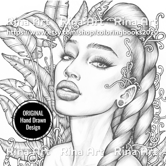 Jungle queen coloring page printable adult colouring pages book download grayscale illustration jpg pdf