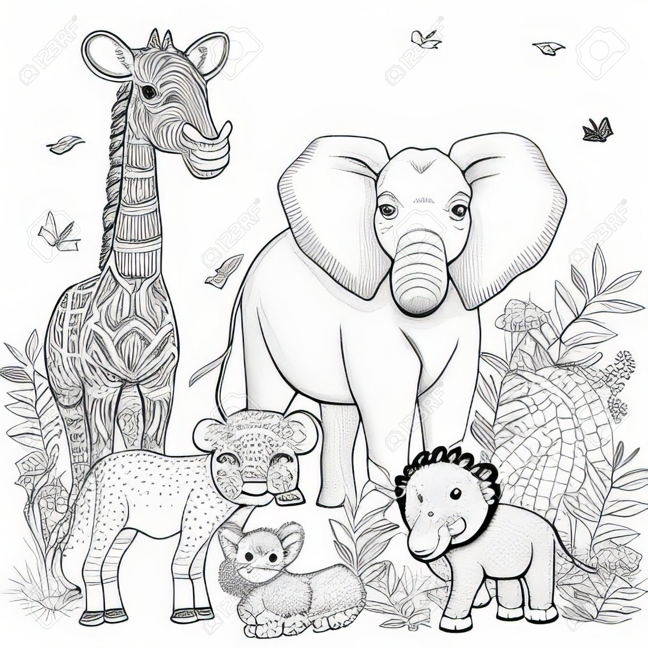 Animals in the jungle coloring pages for adults vector illustration stock photo picture and royalty free image image