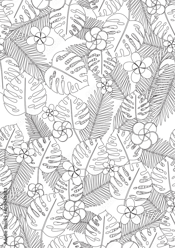 Exotic coloring page for adults with monstera leaf outline vector illustration in with colorless anti stress coloring book with tropical plant in a format vector