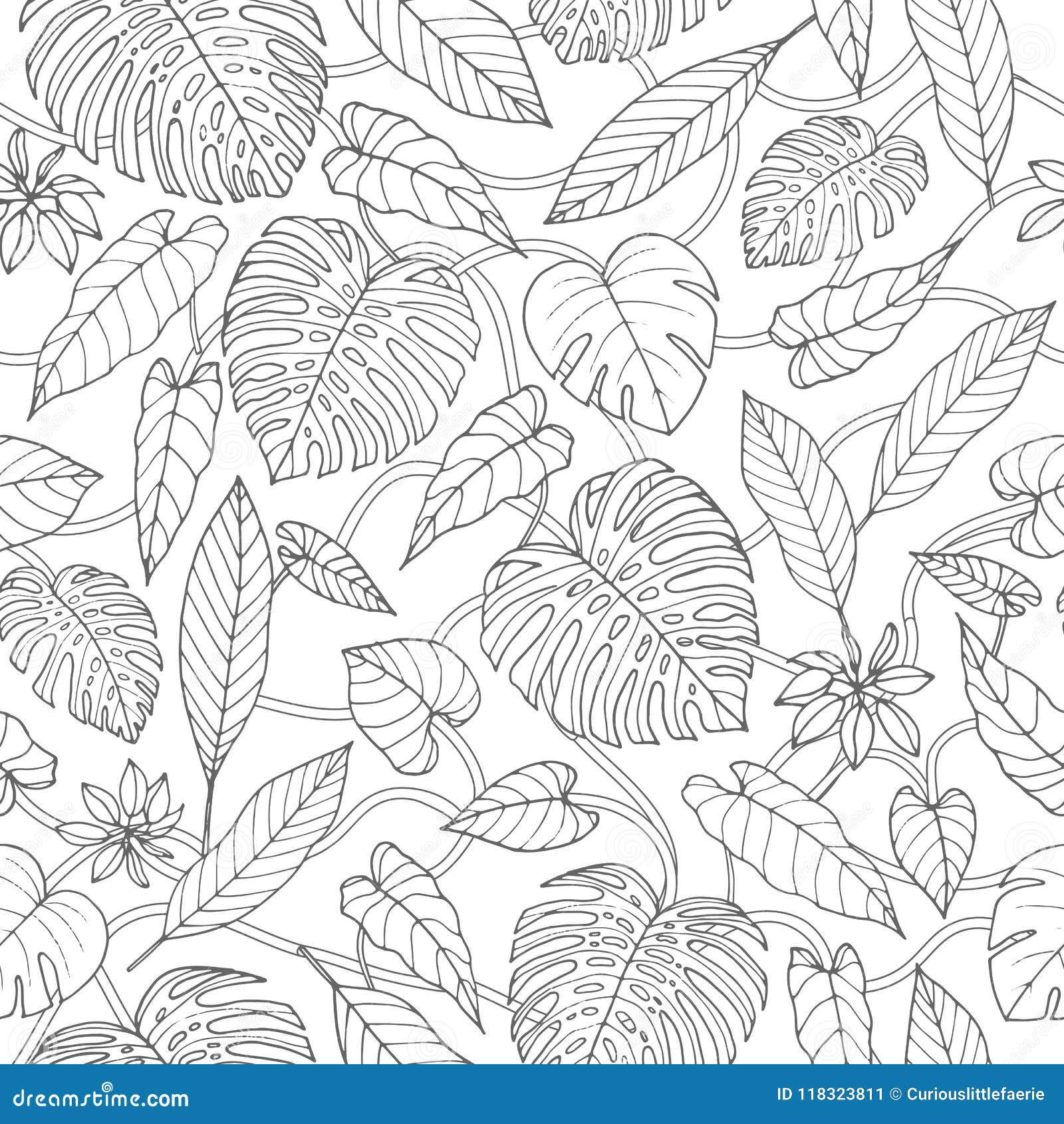 Vector tropical seamless pattern with lianas monstera and banana leaves coloring book design stock vector