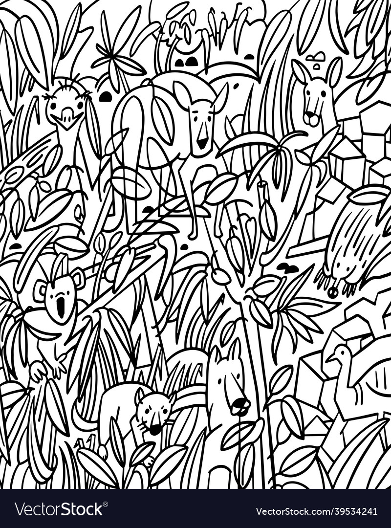 Coloring page australian animals among leaves vector image