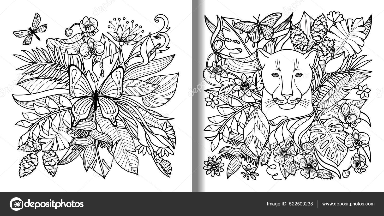 Jungle patern panther butterfly flowers leaves outline coloring page textile stock vector by kronalux