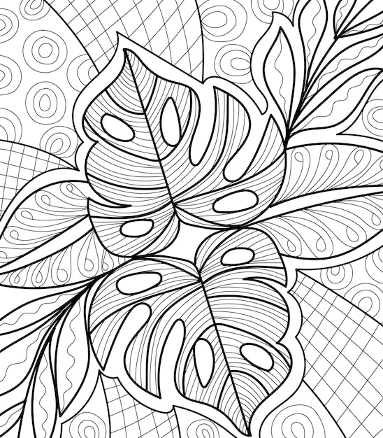 Premium vector decorative tropical leaves coloring book page with henna style