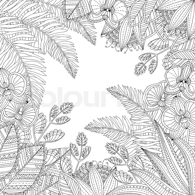 Vector hand drawn tropical illustration with exotic leaves and flowers for adult coloring book freehand sketch for adult anti stress coloring book page with doodle and zentangle elements stock vector