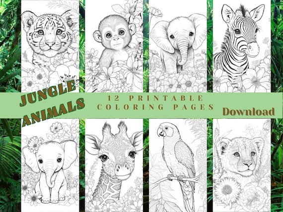 Cute jungle animals baby printable coloring pages for kids and adults instant digital downloads jpg and pdf