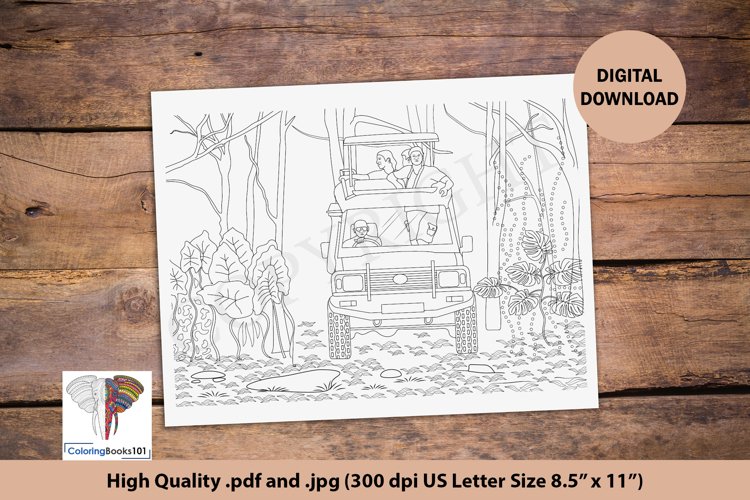 Men doing jungle safari in jeep coloring page for adult