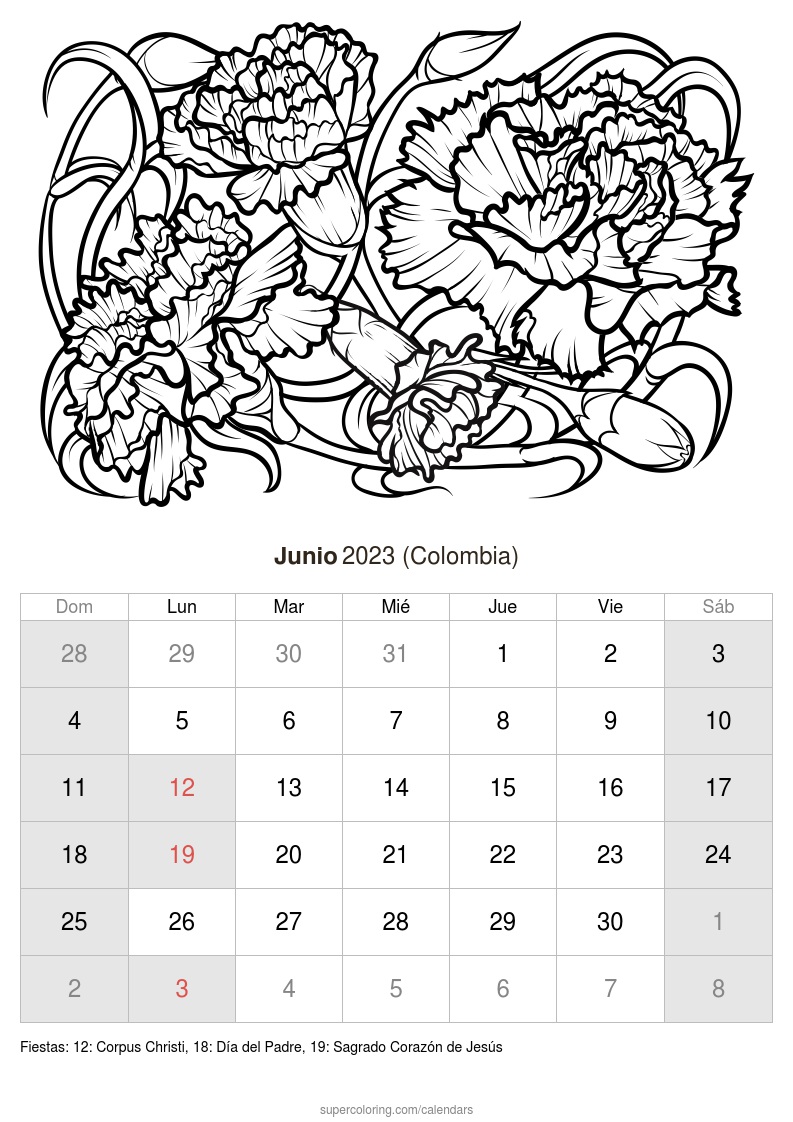 Calendario junio para imprimir colombia