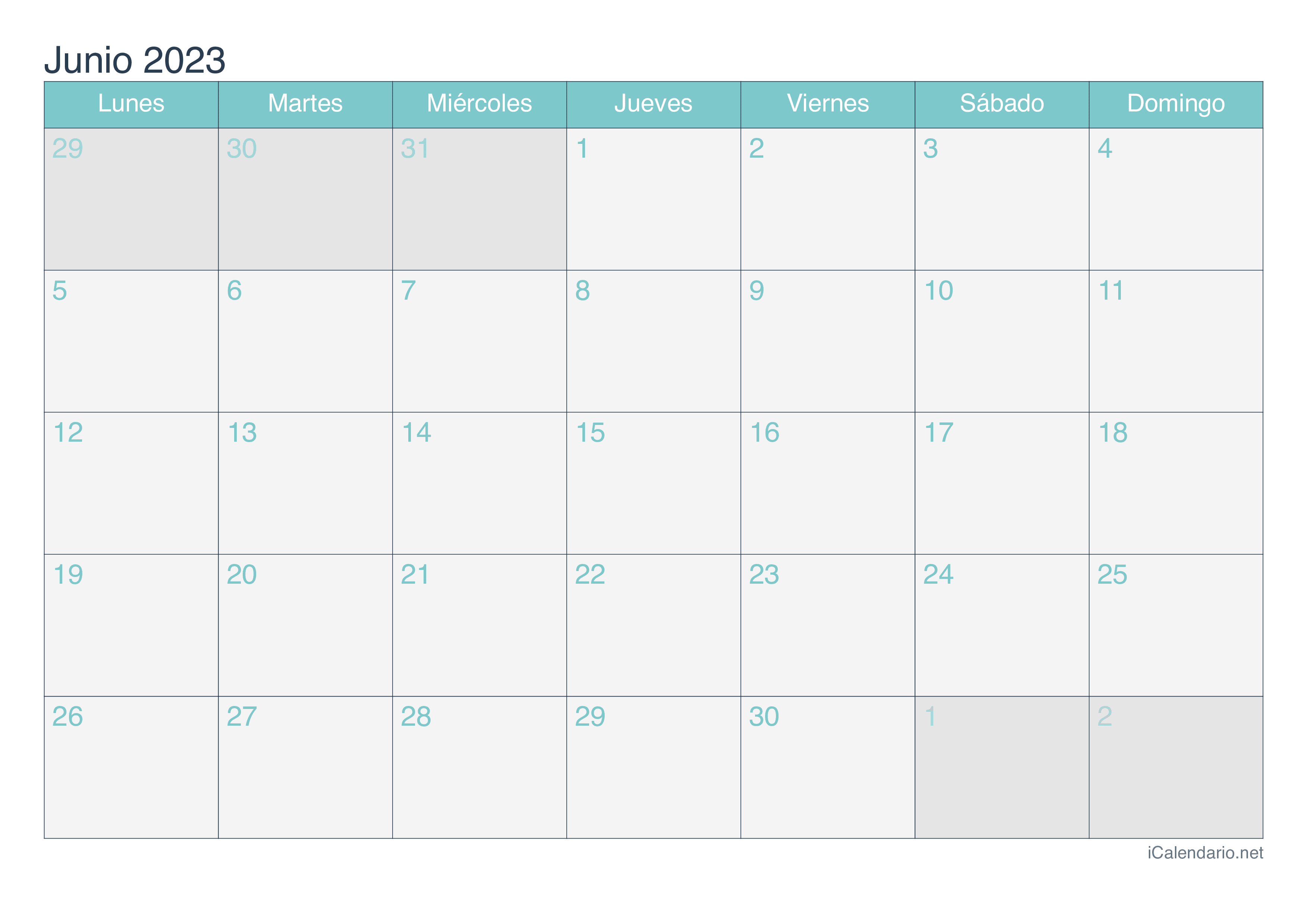 Calendario junio de para imprimir