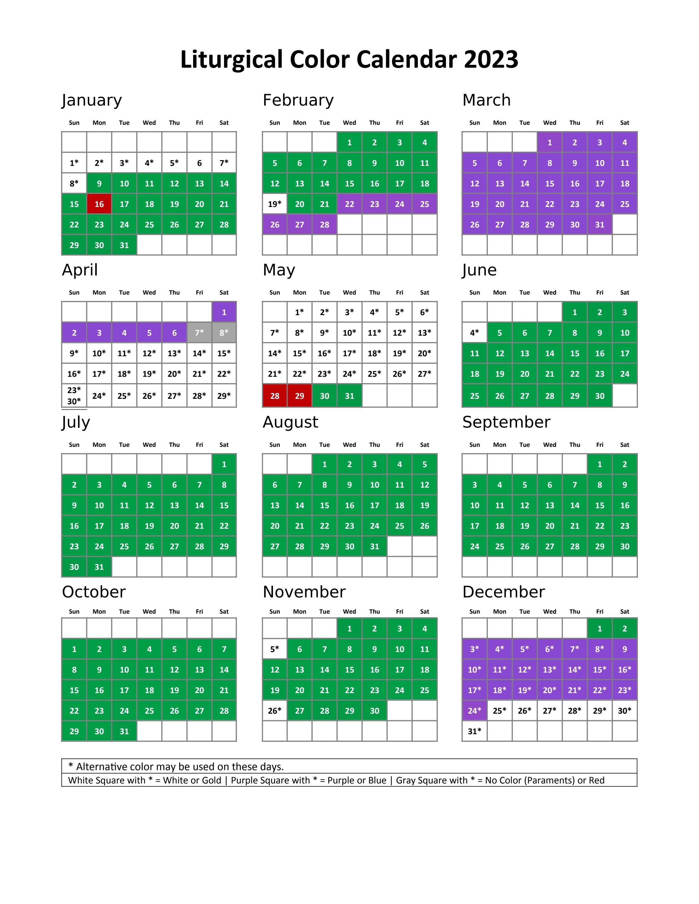 Liturgical color calendar by united methodist publishing house