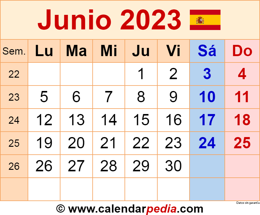 Calendario junio en word excel y pdf