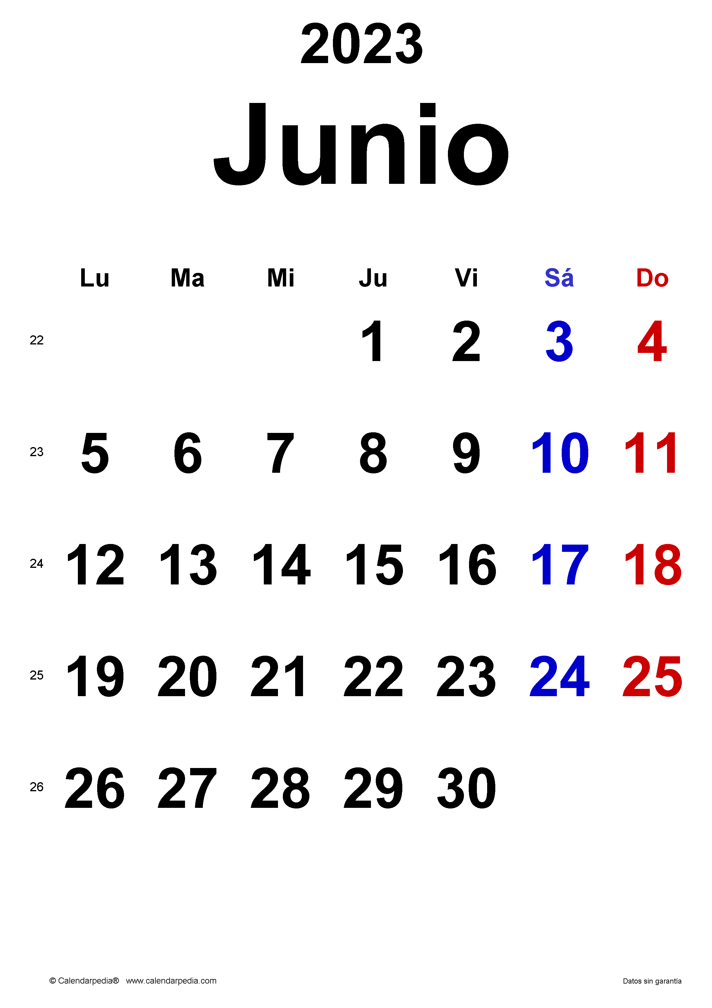 Calendario junio en word excel y pdf