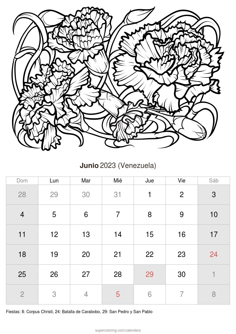 Calendario junio para imprimir venezuela