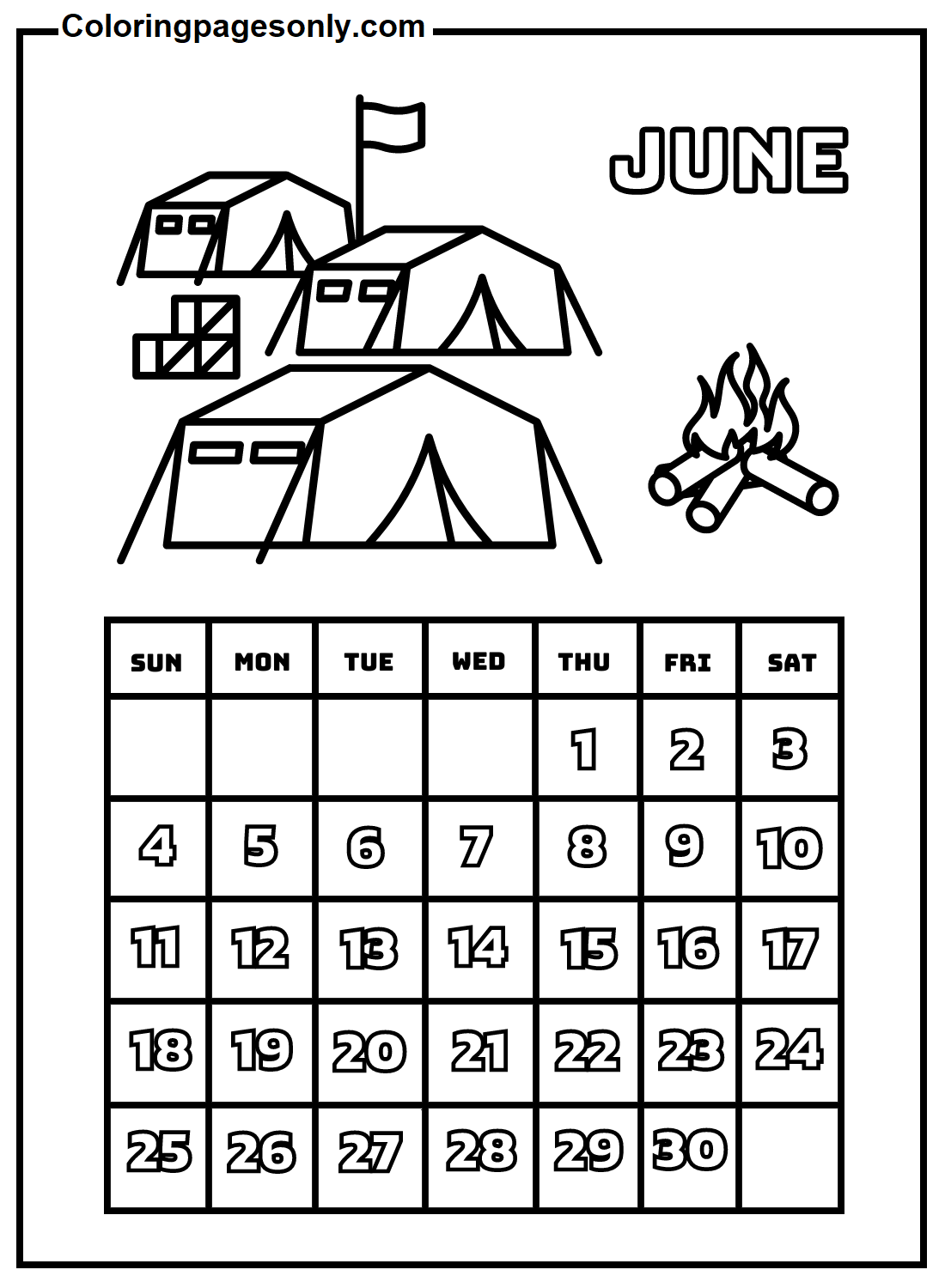 June calendar coloring page