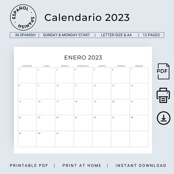 Calendario calendario mensual spanish calendar monthly calendar in spanish planner landscape minimal calendar a letter