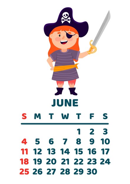 Premium vector june calendar page vector cartoon illustration with cute pirate template for print vertical layout white background