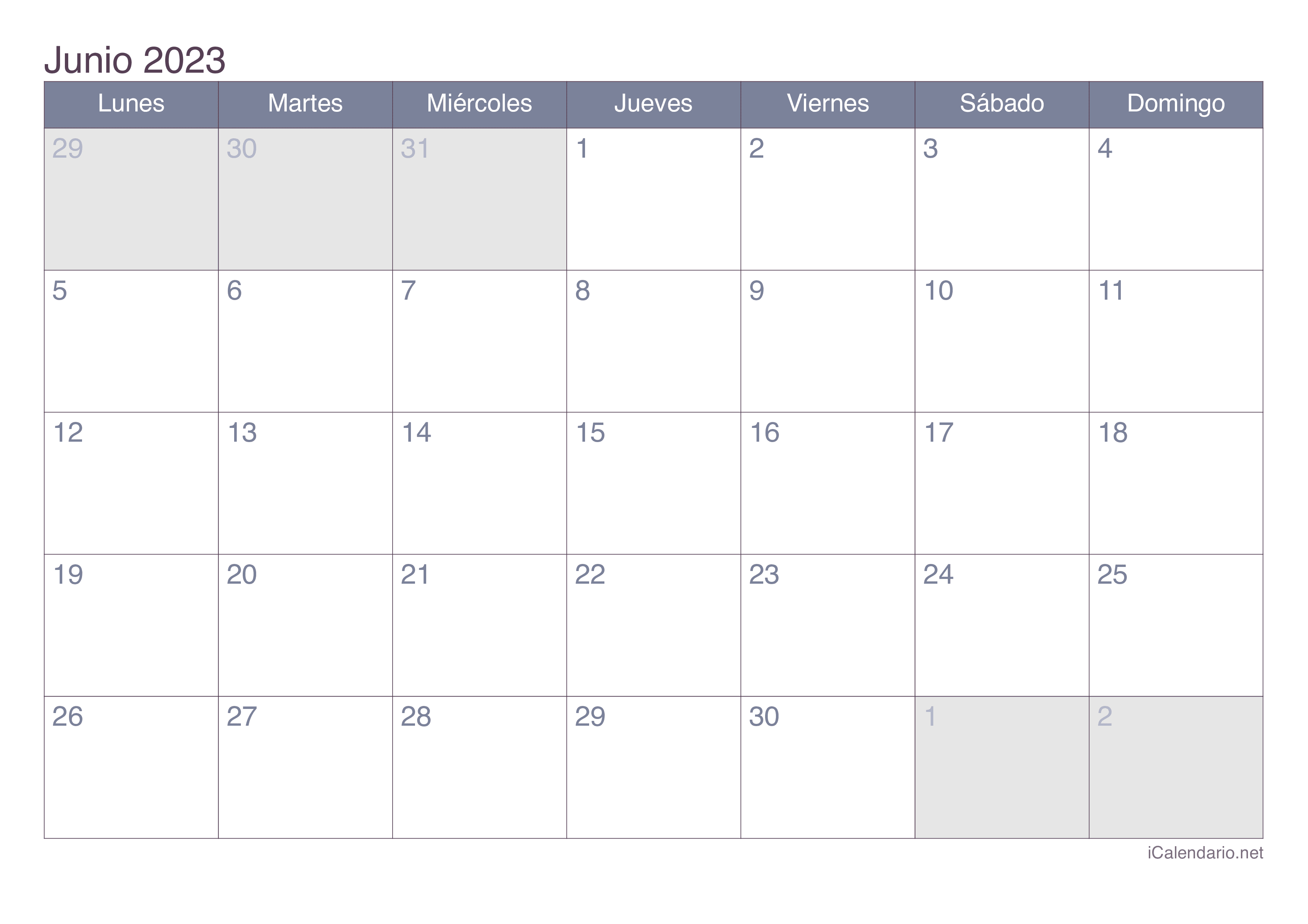 Calendario junio de para imprimir