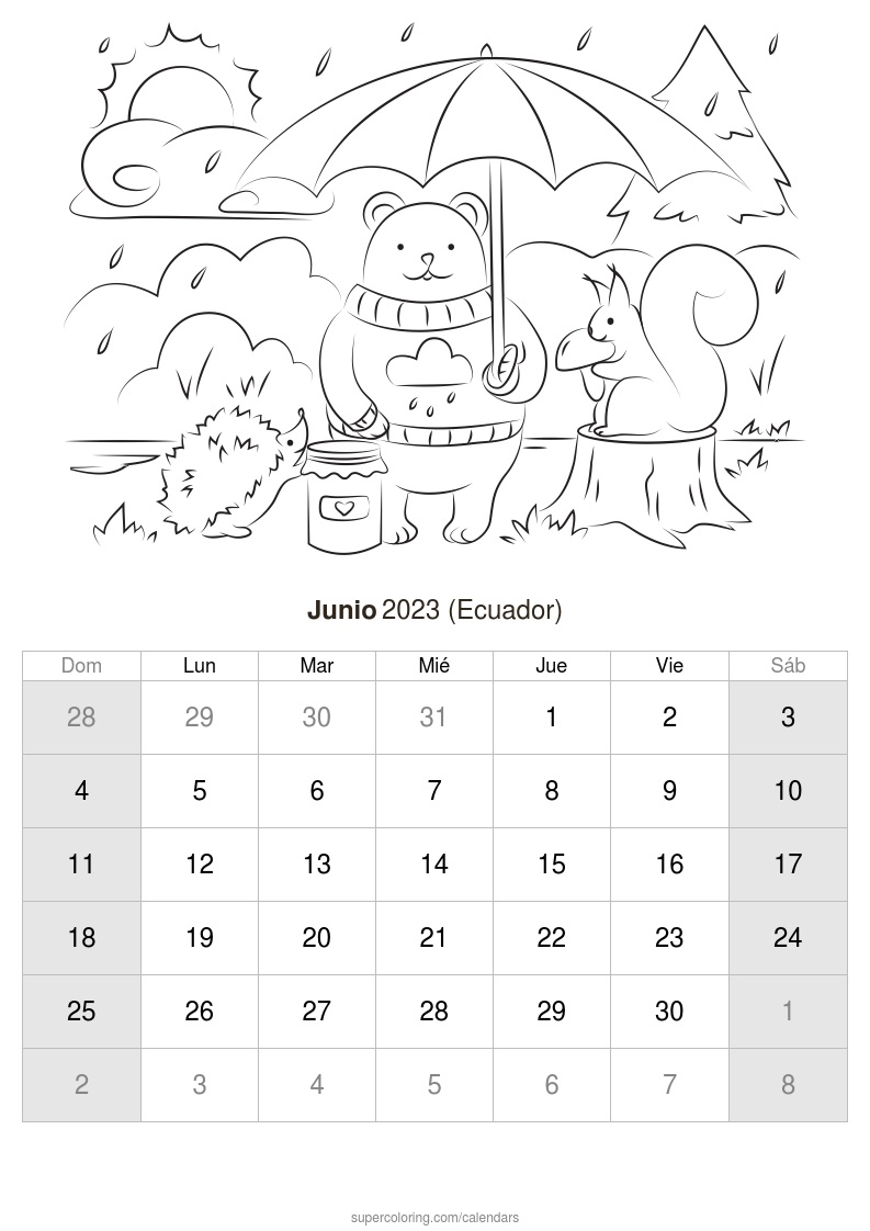 Calendario junio para imprimir ecuador