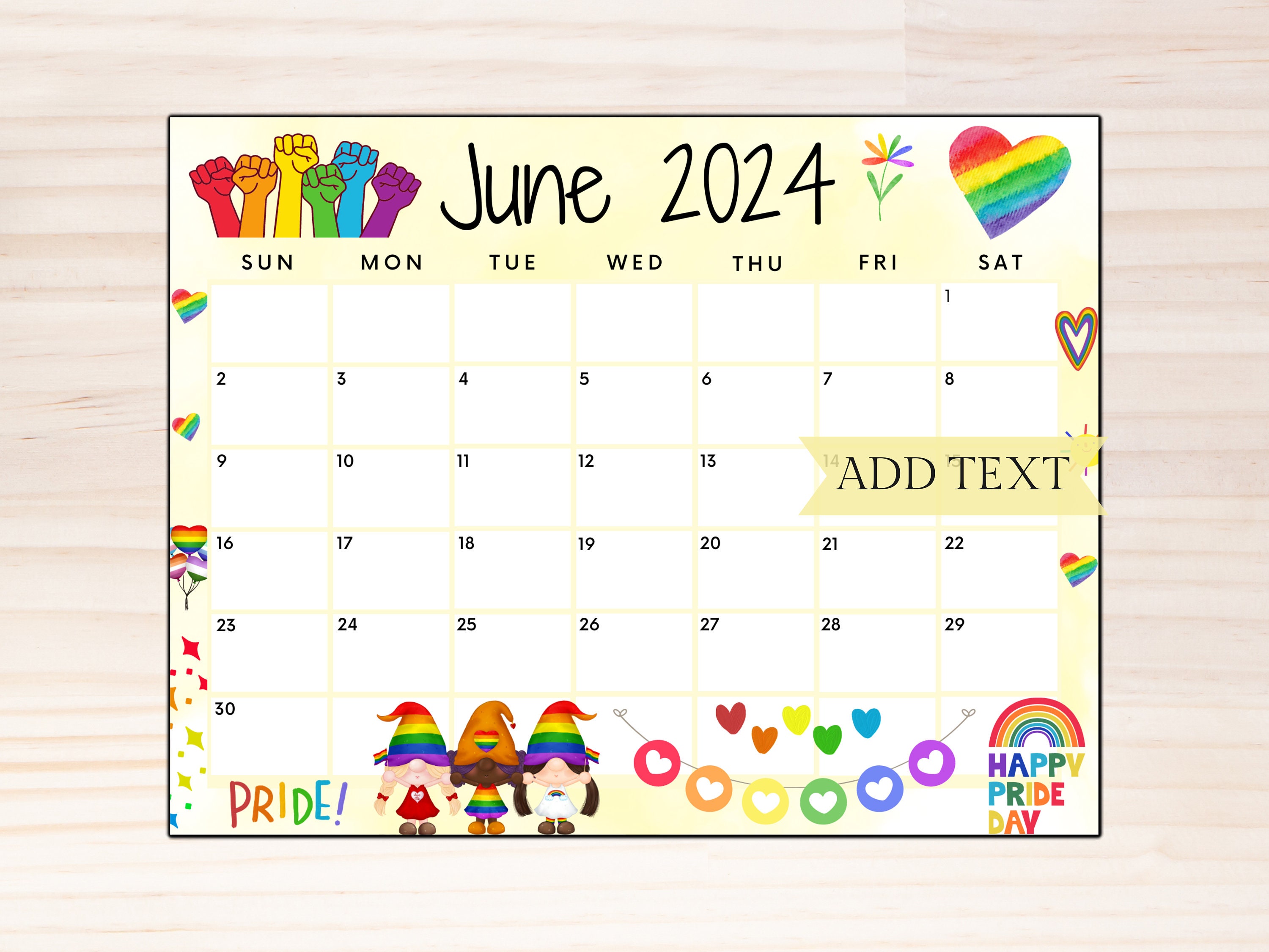 Editable june calendar printable calendar pride month calendar summer calendar june planner rainbow calendar planner