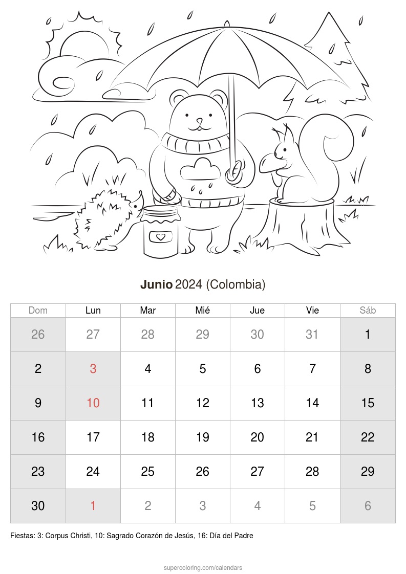 Calendario junio para imprimir colombia