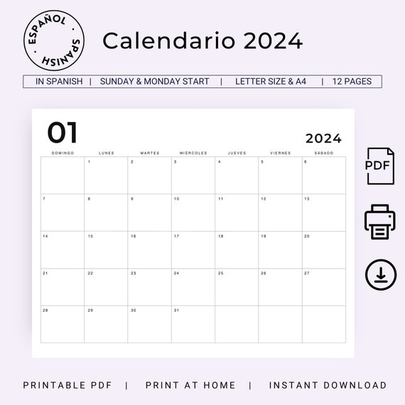 Calendario calendario mensual printable spanish calendar minimal calendar in spanish planner horizontal calendar a letter download now