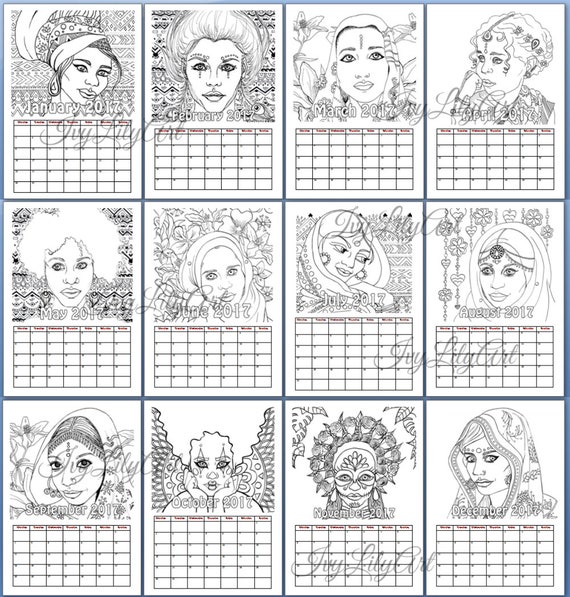 Printable coloring calendar indian african girl portraits pdf download