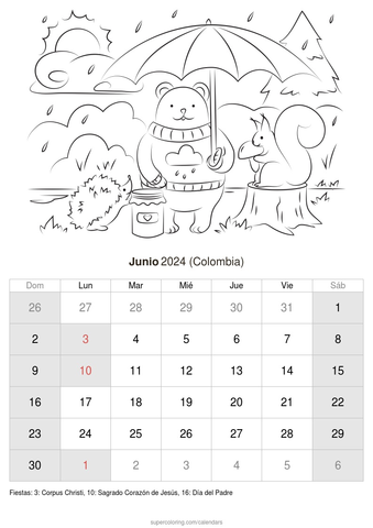 Calendario junio para imprimir colombia