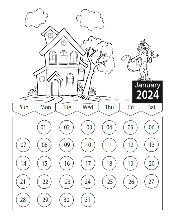 Cartoon character coloring calendar