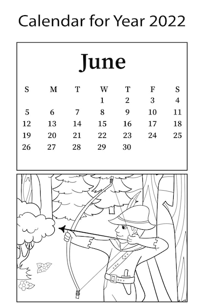 Calendario para m de junio libro de coloreo vectorial arquero en el bosque cazando animal vector premium