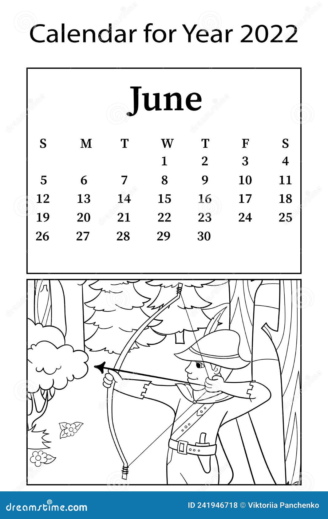 Calendario para m de junio libro de coloreado vectorial arquero en el bosque cazando animal ilustraciãn del vector