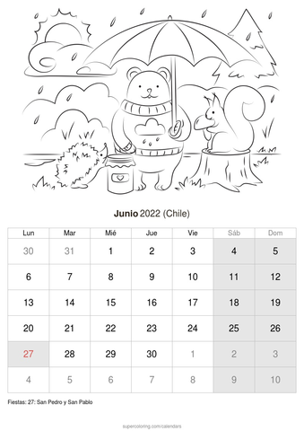 Calendario junio para imprimir chile