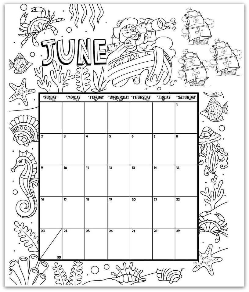 Calendario junio para colorear imprimir e dibujar â