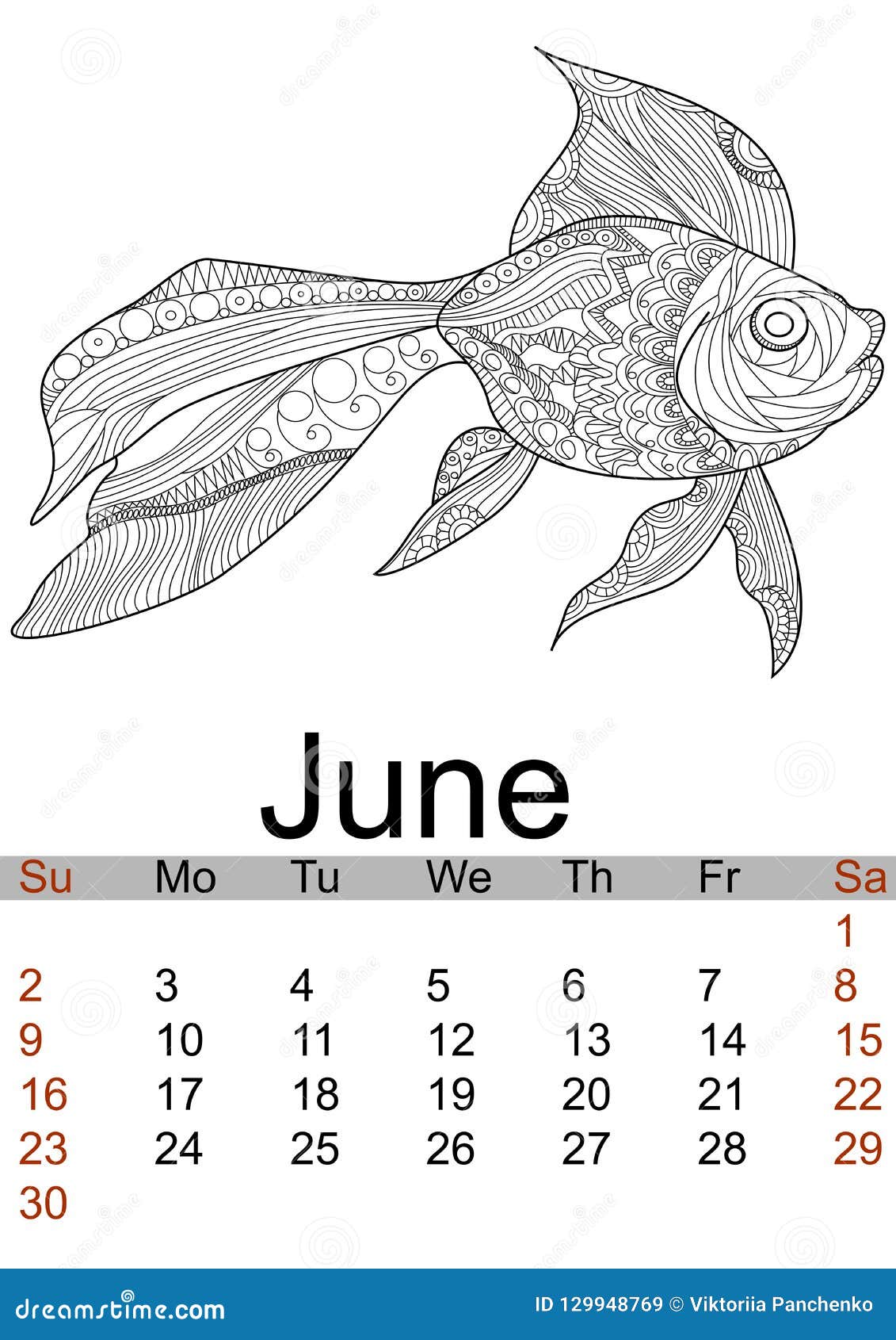 Calendario de junio pcados antifuerzos del oro que colorean animal de mar modelos vector ilustraciãn del vector