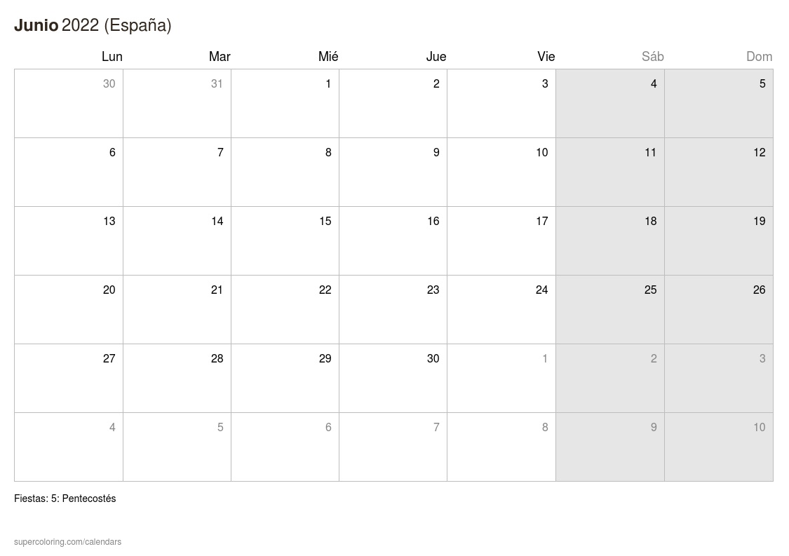 Calendario junio para imprimir espaãa