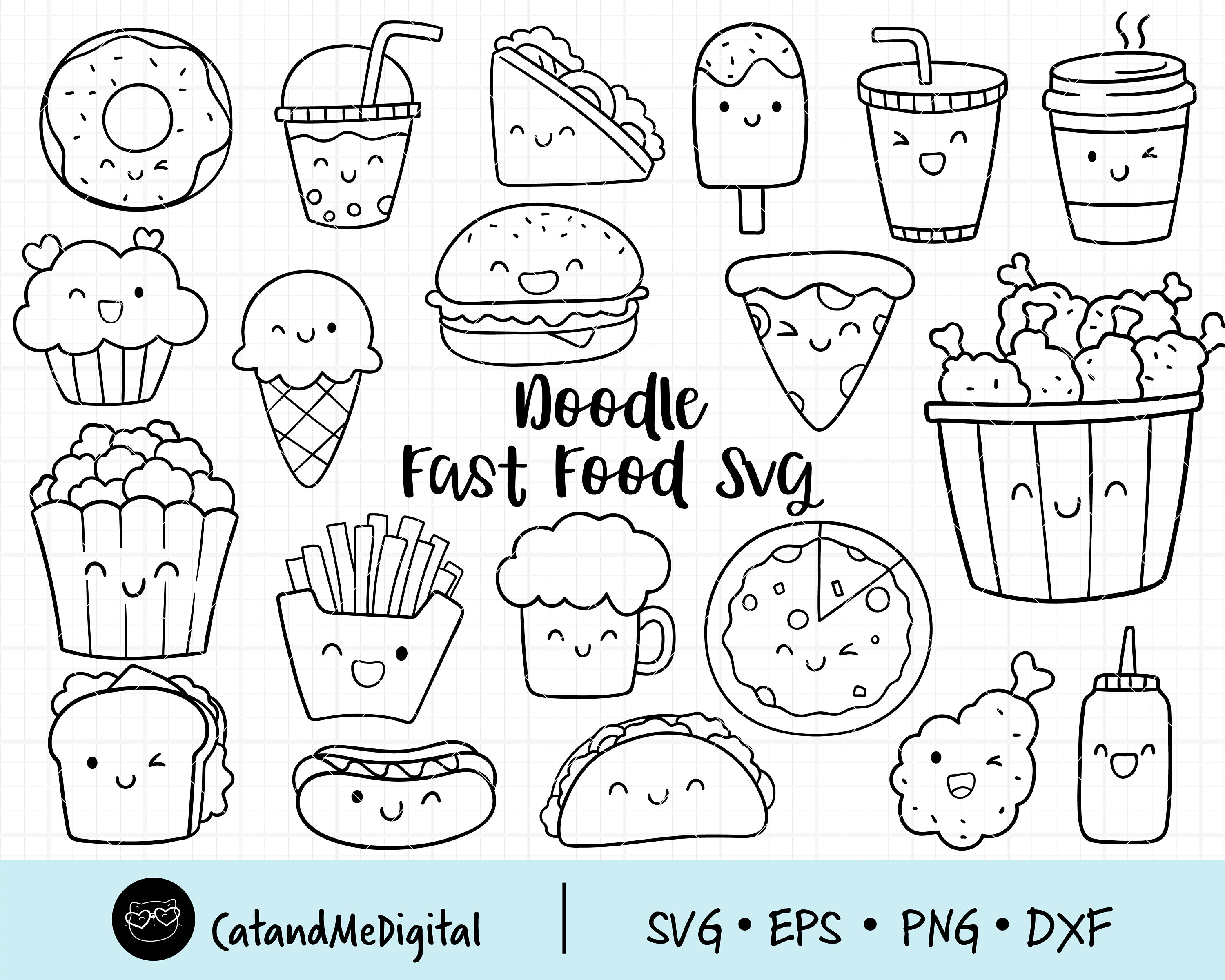 Doodle fast food svg food svg junk food svg party food svg friendship clipart hot dog ice cream fries hamburger taco cookie coloring svg