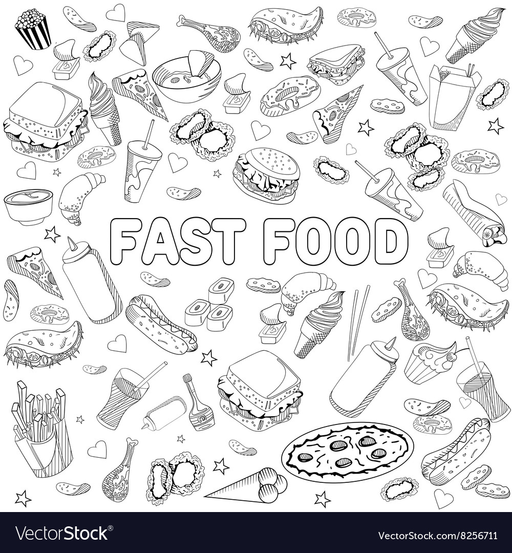 Fast food coloring book design line art royalty free vector