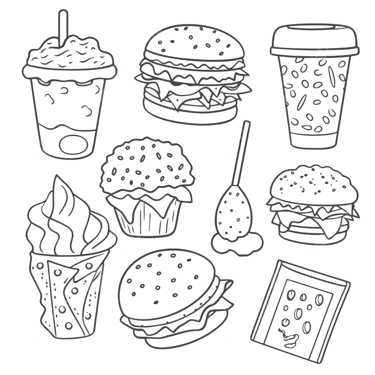 Various food coloring pages including some burgers outline sketch drawing vector wing drawing food drawing burger drawing png and vector with transparent background for free download