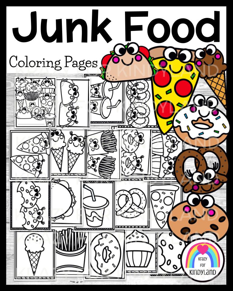 Junk food coloring page booklet for sports summer camping hiking picnic
