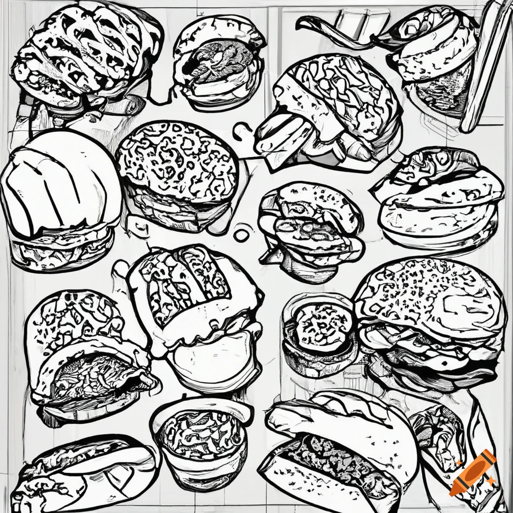 Coloring page of junk food on