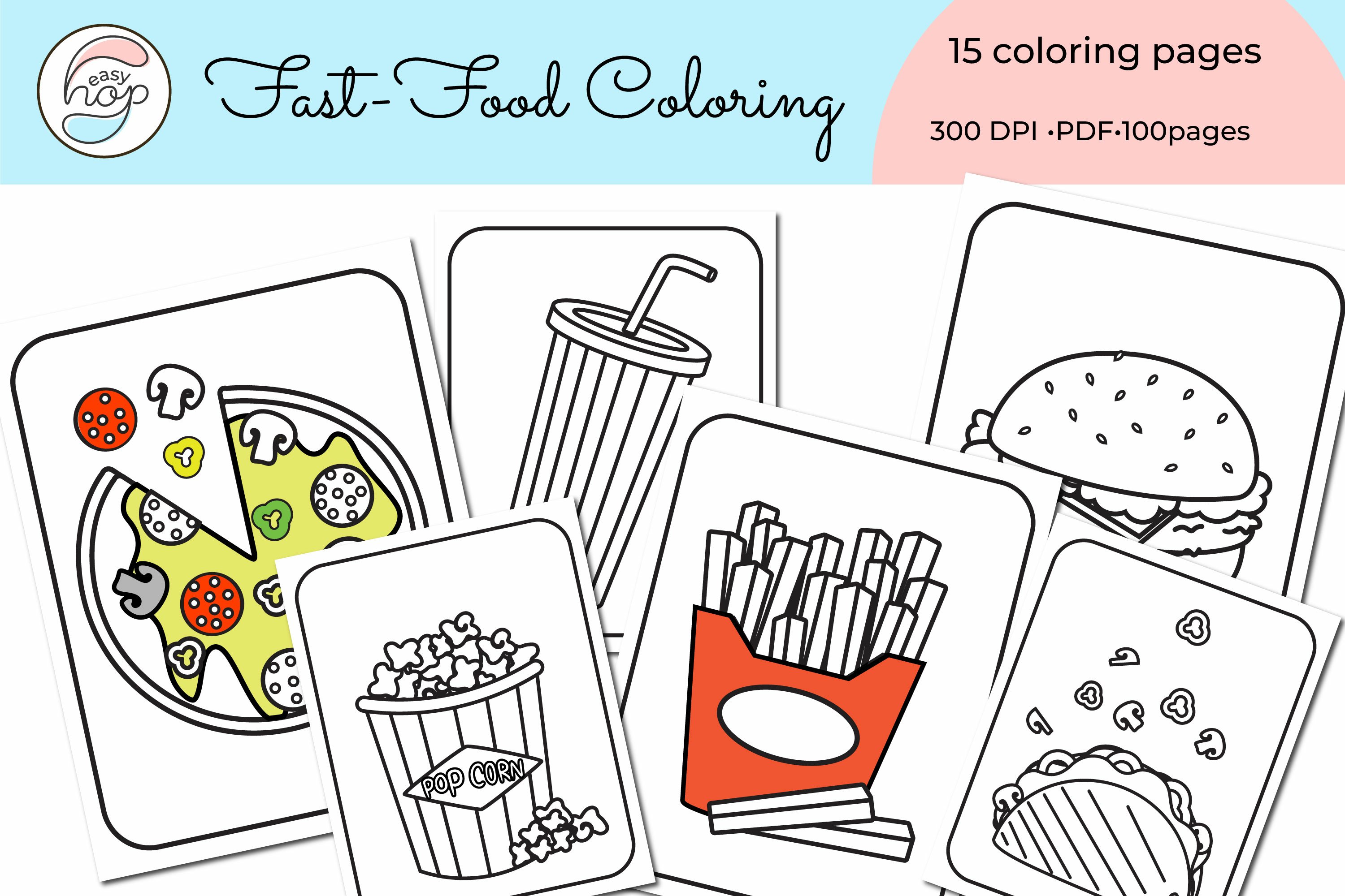 Fast food coloring pages set