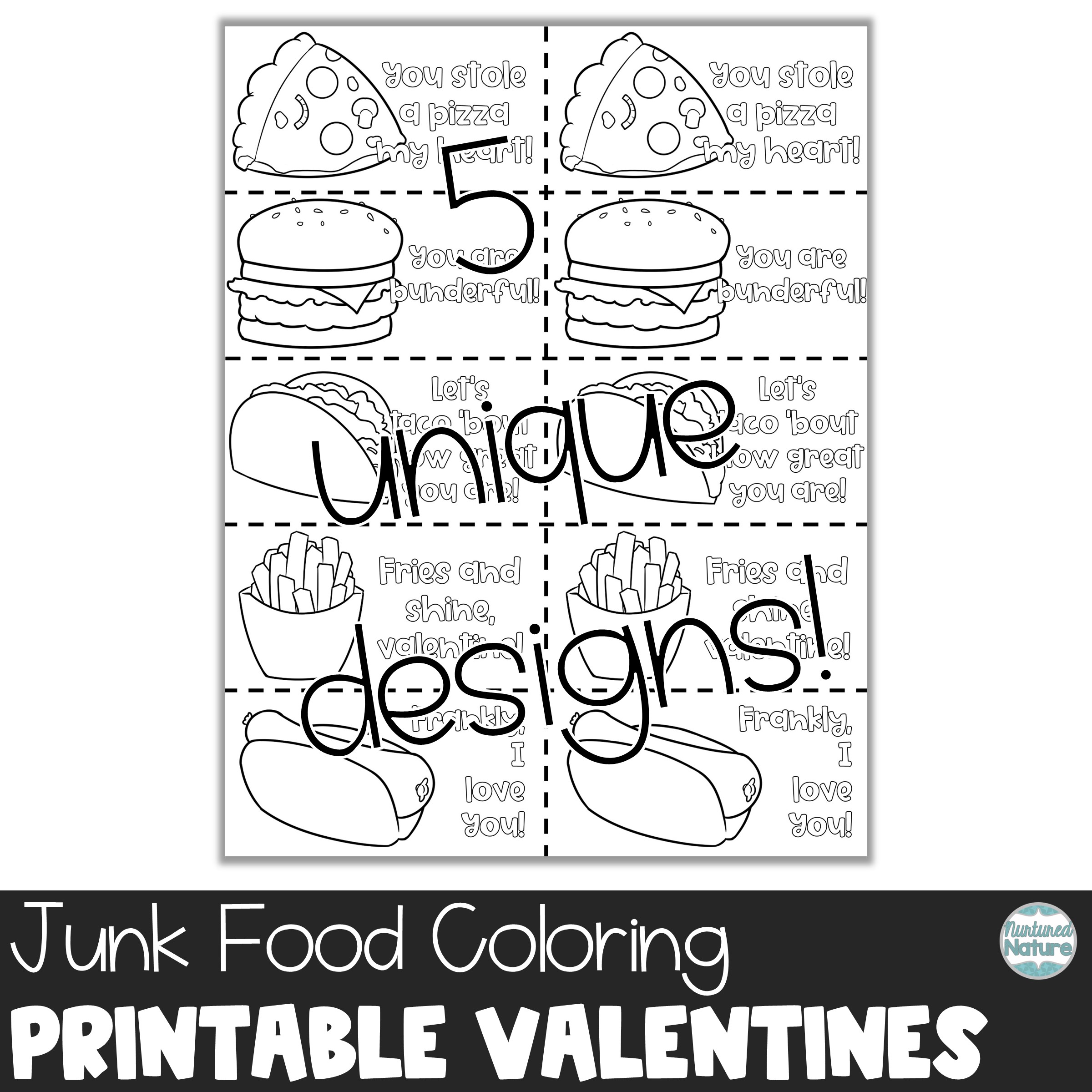 Junk food coloring valentines day cards printable made by teachers
