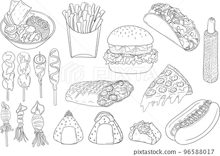 Vector hand drawn fast food set coloring pages