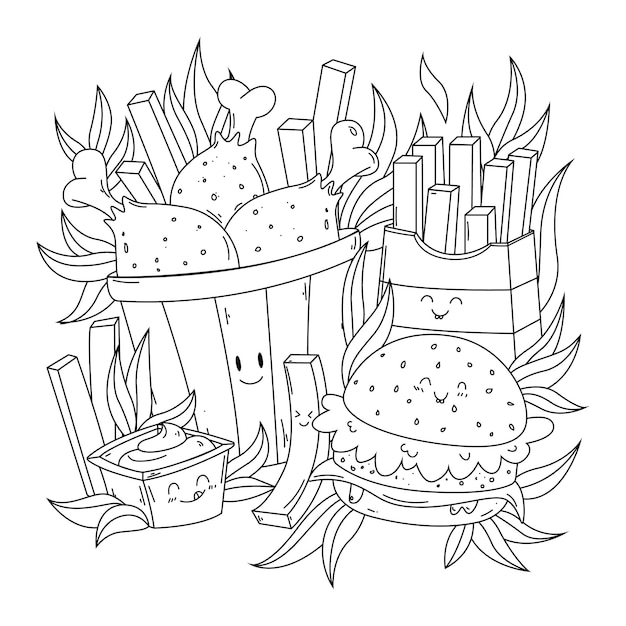 Premium vector black and white coloring page of cute doodle junk food for children