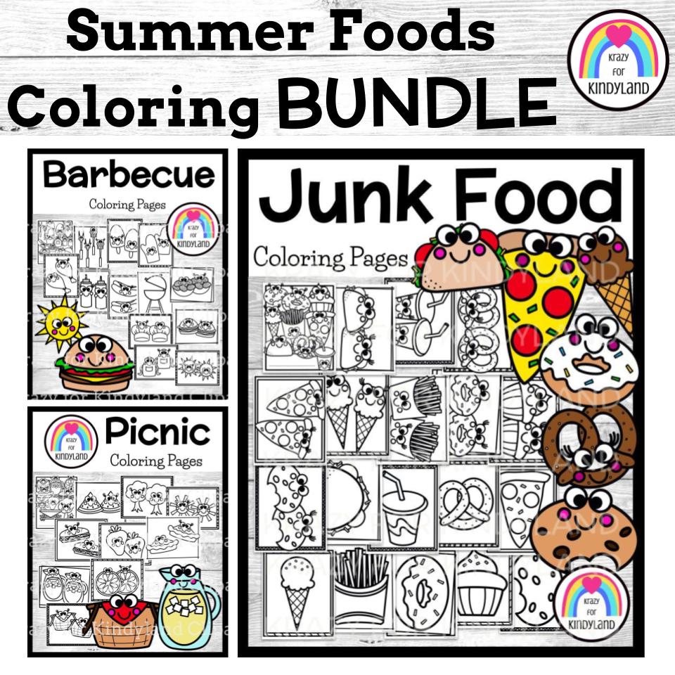 May june july coloring pages bundle picnic barbecue junk food