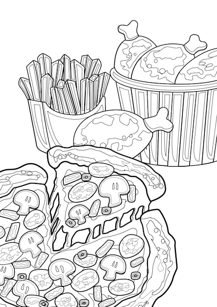 Premium vector pizza lunch junk food coloring pages a for kids and adult