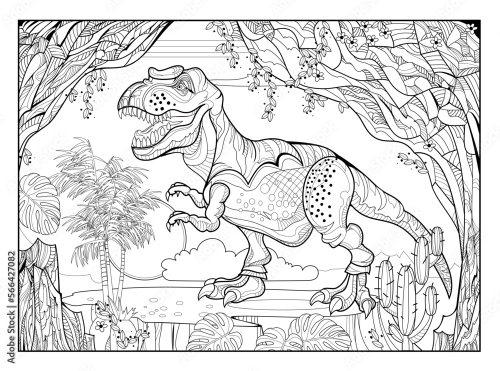 Coloring book for children and adults illustration of tyrannosaurus prehistoric dinosaur jurassic world black and white vector zen tangle style image printable page for drawing and meditation vector