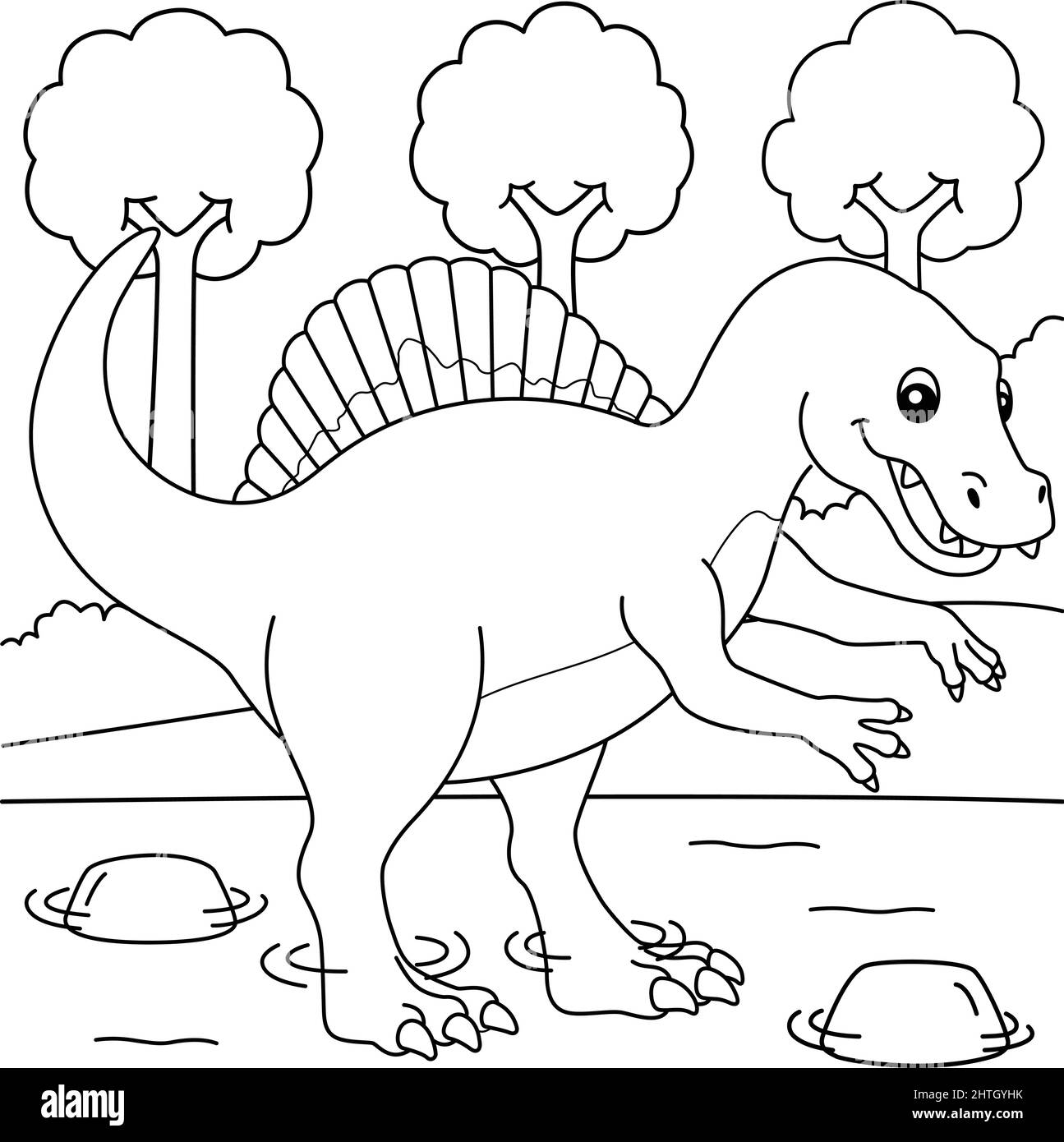 Coloring page for kids with spinosaurus dinosaur and colored preview vector illustration stock vector image art