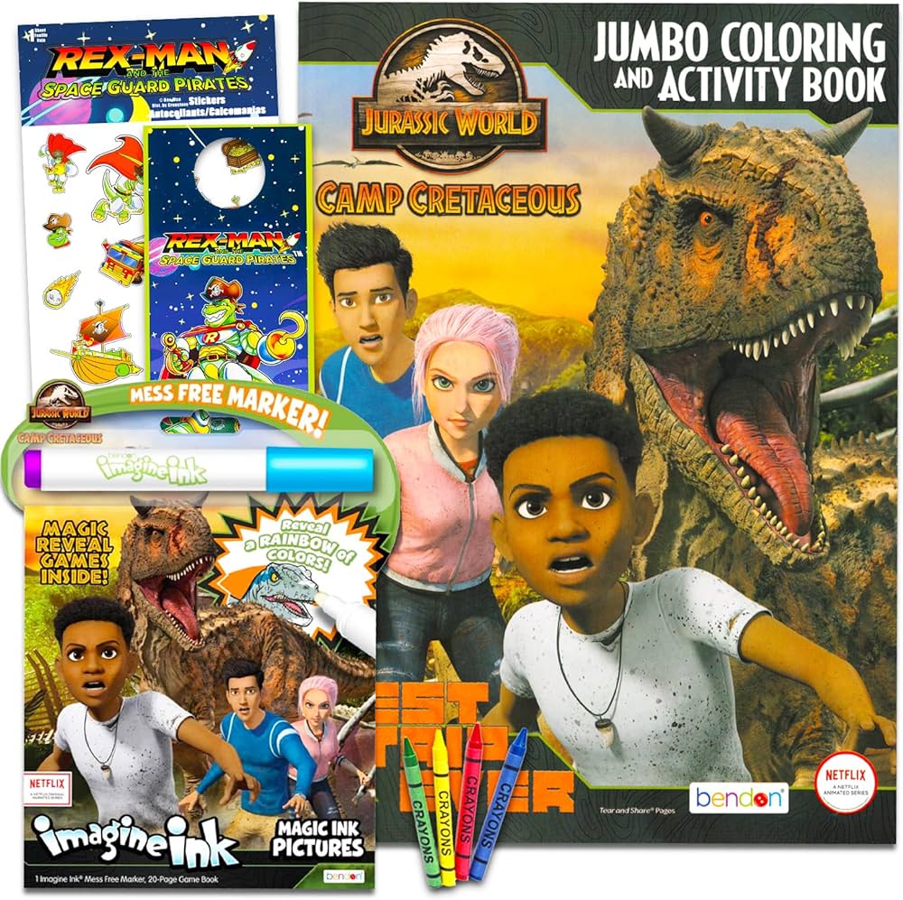 Jurassic world camp cretaceous coloring book set for kids bundle with jurassic world coloring and activity book imagine ink stickers crayons and more dino coloring pack camp cretaceous coloring book jurassic